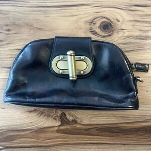 Vtg LEATHER Clutch Black Brass Toggle ZipClosure Nordstrom Small Old Money Retro